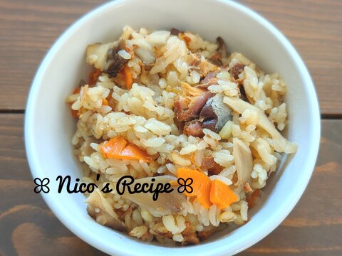 もち麦入り♬舞茸とさばの味噌煮缶の炊き込みご飯